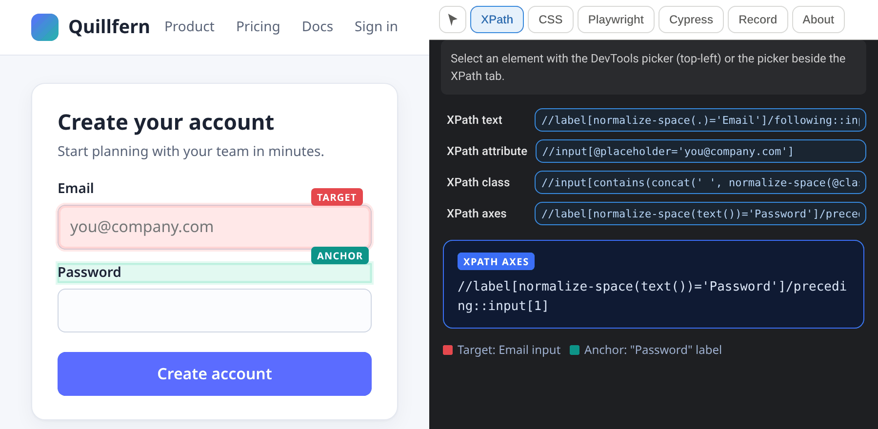 The same Email target with the Password label picked as the anchor, producing a preceding axis XPath