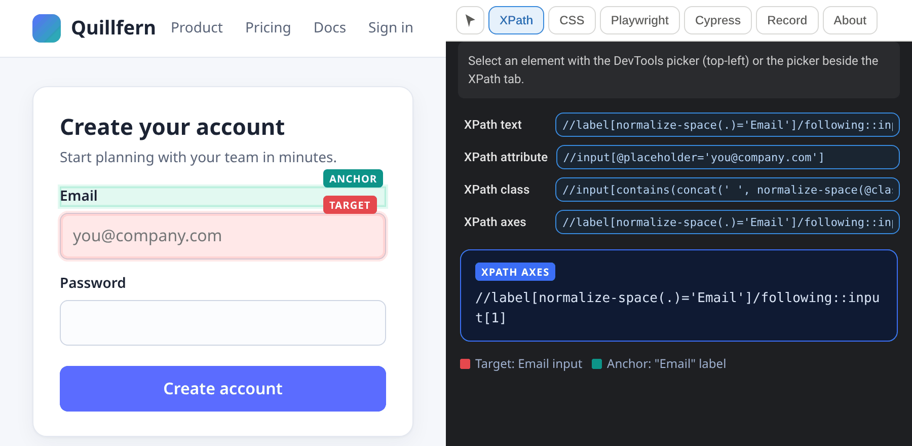 Email input selected as the target and the Email label as the anchor, with the axes XPath underneath