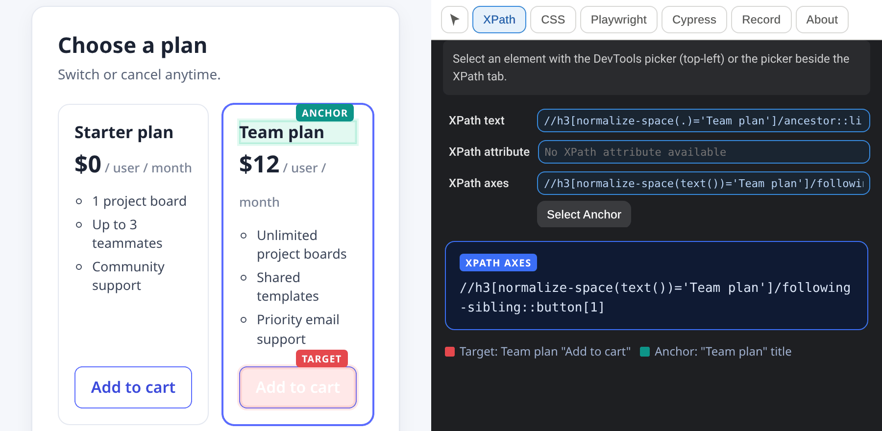 Card grid with the Team plan heading as the anchor and its Add to cart button as the target